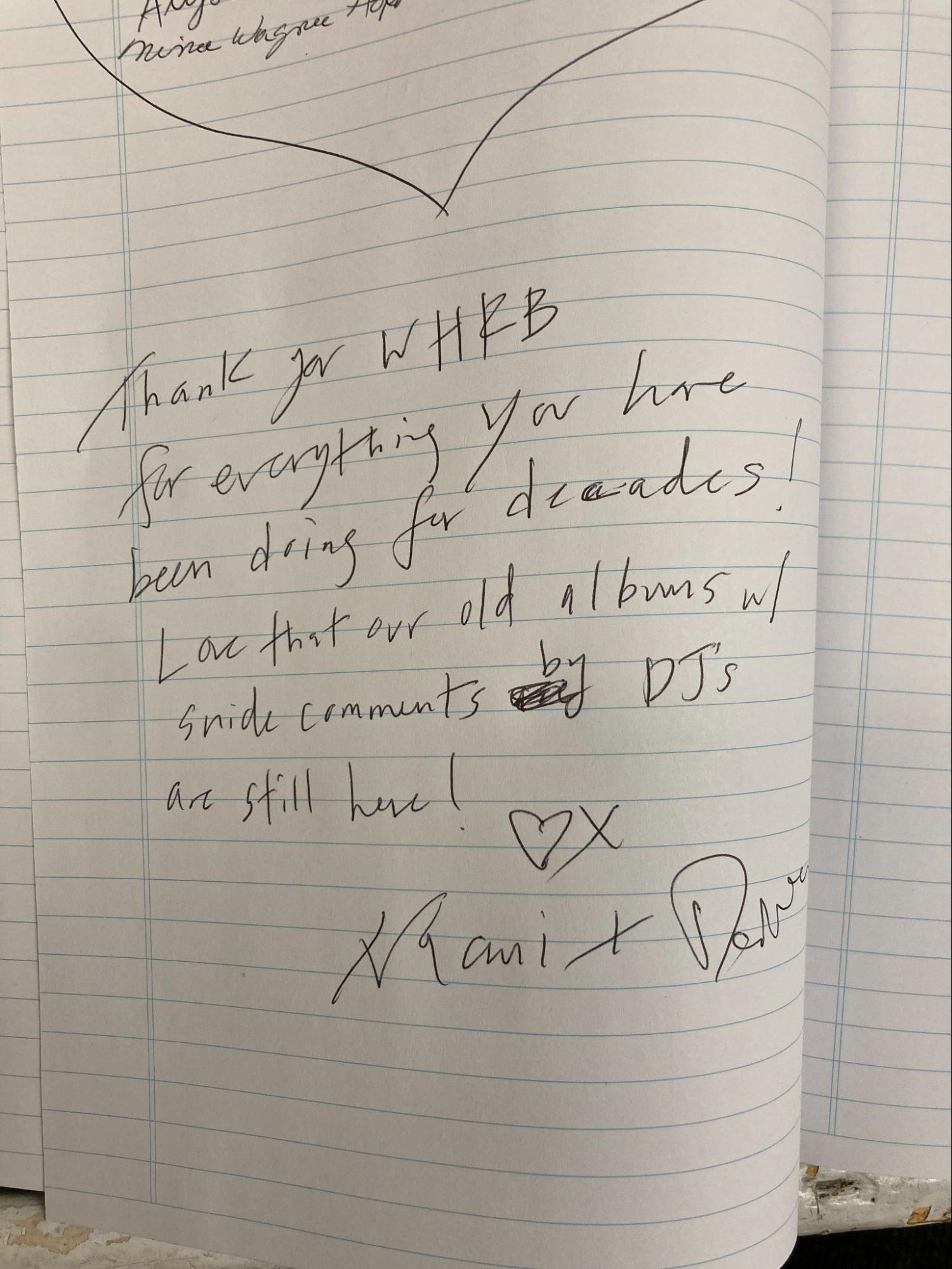 “Note from Naomi and Damon in WHRB guestbook”